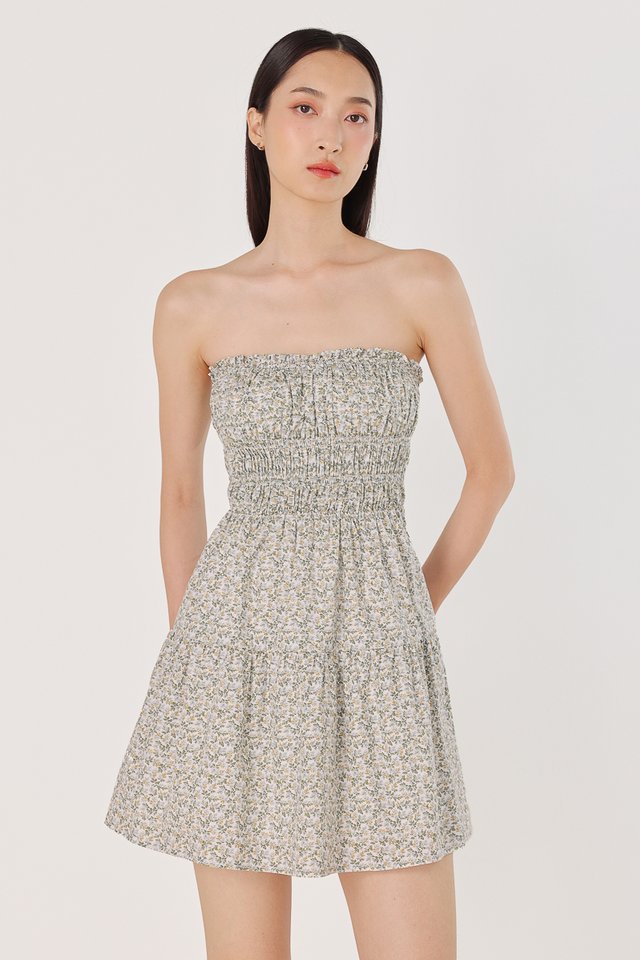 KAYLIE PADDED LINEN SWEETHEART RUCHED TUBE MINI DRESS (FLORAL)