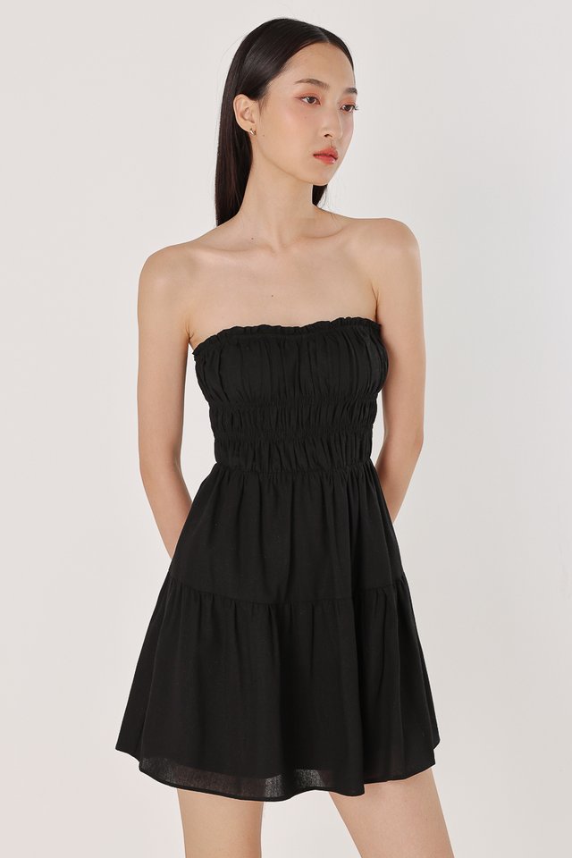 KAYLIE PADDED LINEN SWEETHEART RUCHED TUBE MINI DRESS (BLACK)