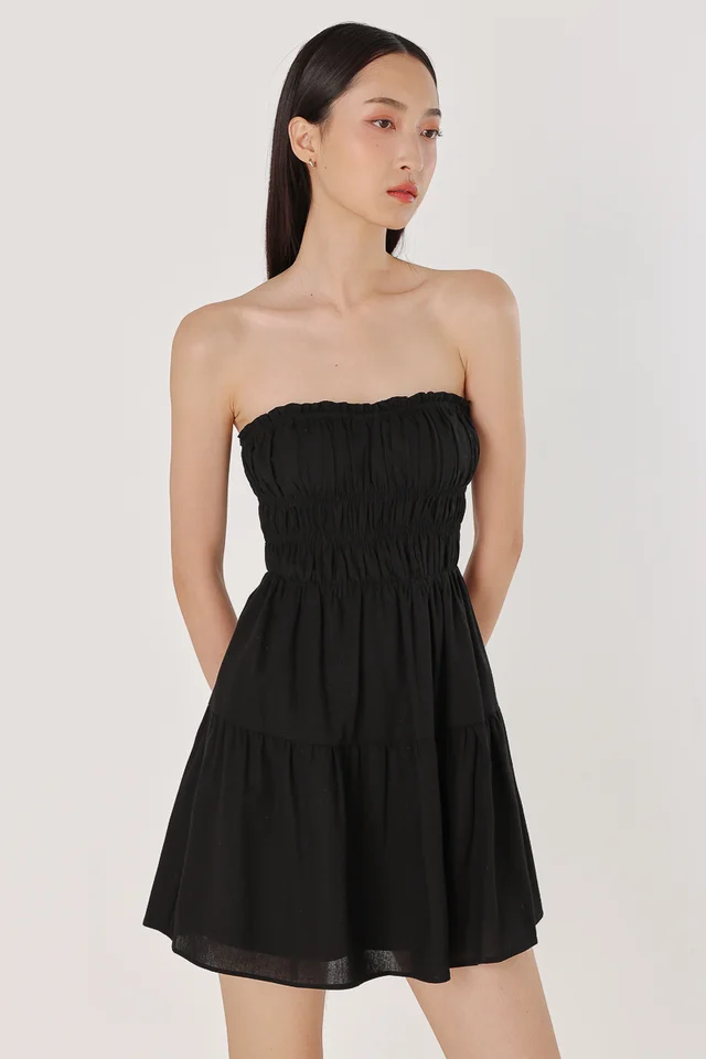 KAYLIE PADDED LINEN SWEETHEART RUCHED TUBE MINI DRESS (BLACK)