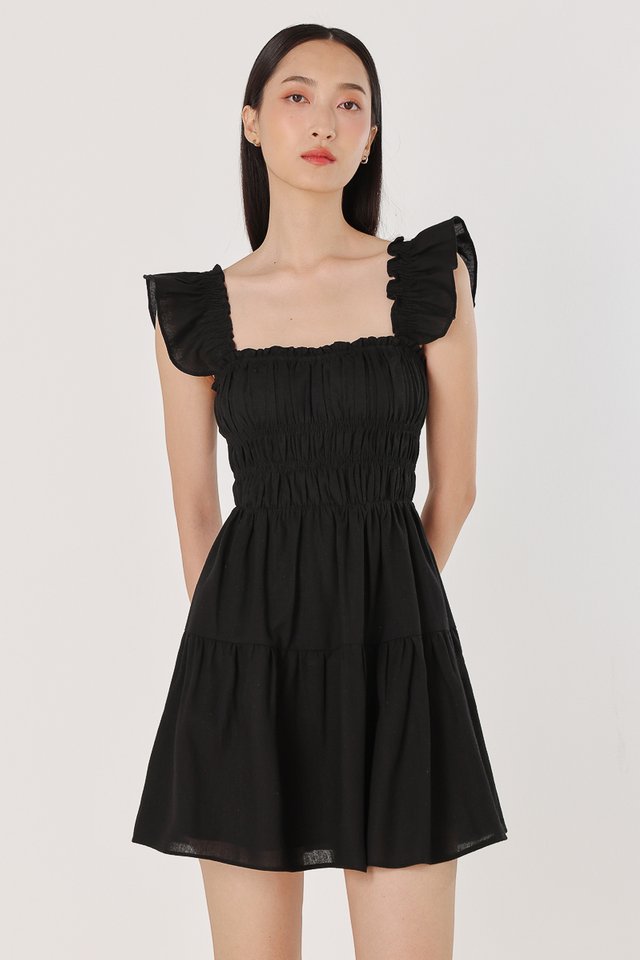 KAYLIE PADDED LINEN SWEETHEART RUCHED TUBE MINI DRESS (BLACK)
