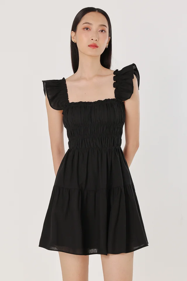 KAYLIE PADDED LINEN SWEETHEART RUCHED TUBE MINI DRESS (BLACK)