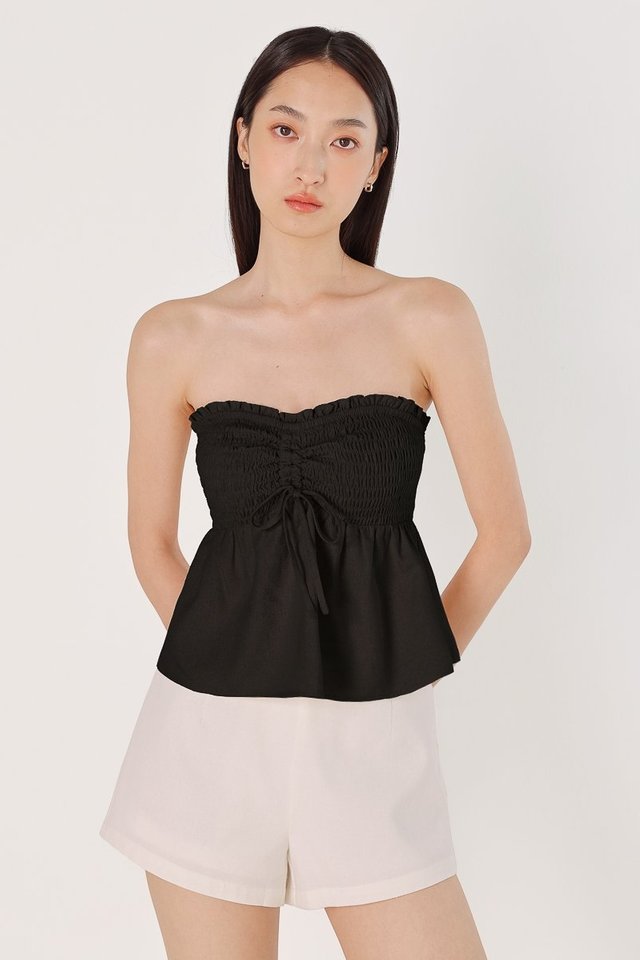 AURELIE PADDED LINEN SMOCKED DRAWSTRING TUBE TOP (BLACK)