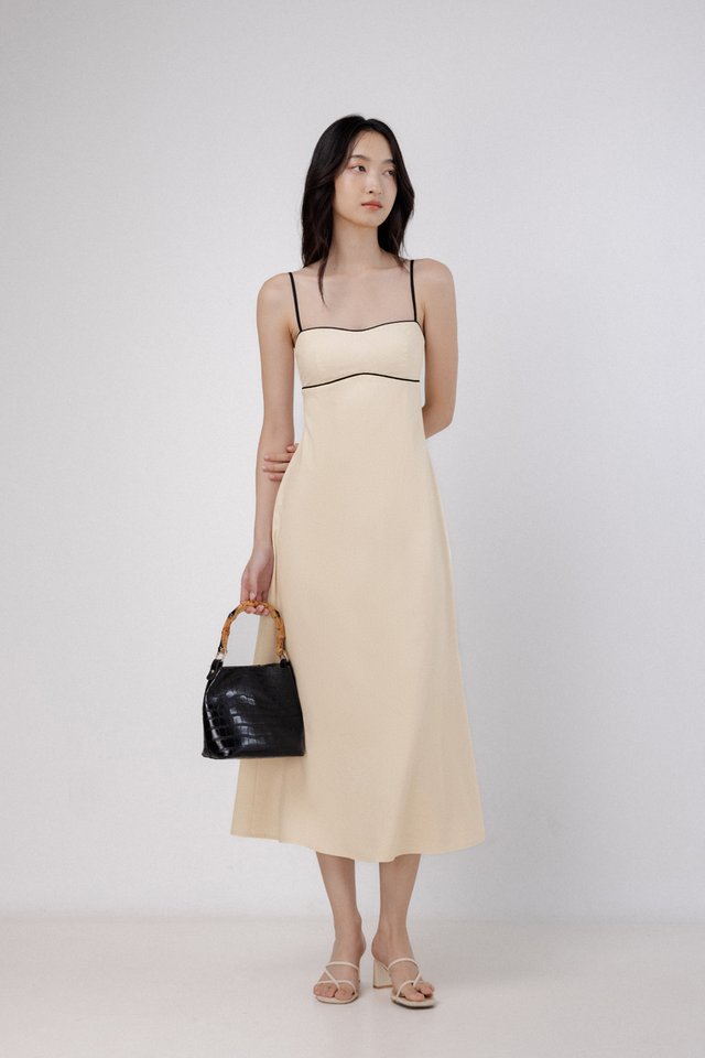 BECCA PADDED LINEN CONTRAST TRIM SWEETHEART MIDAXI DRESS (OAT)