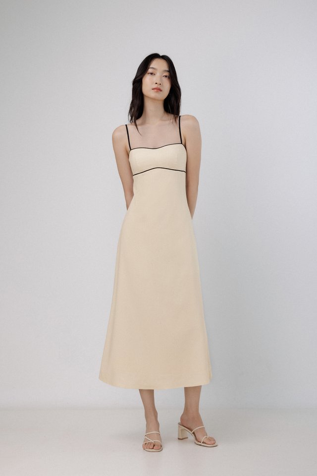 BECCA PADDED LINEN CONTRAST TRIM SWEETHEART MIDAXI DRESS (OAT)