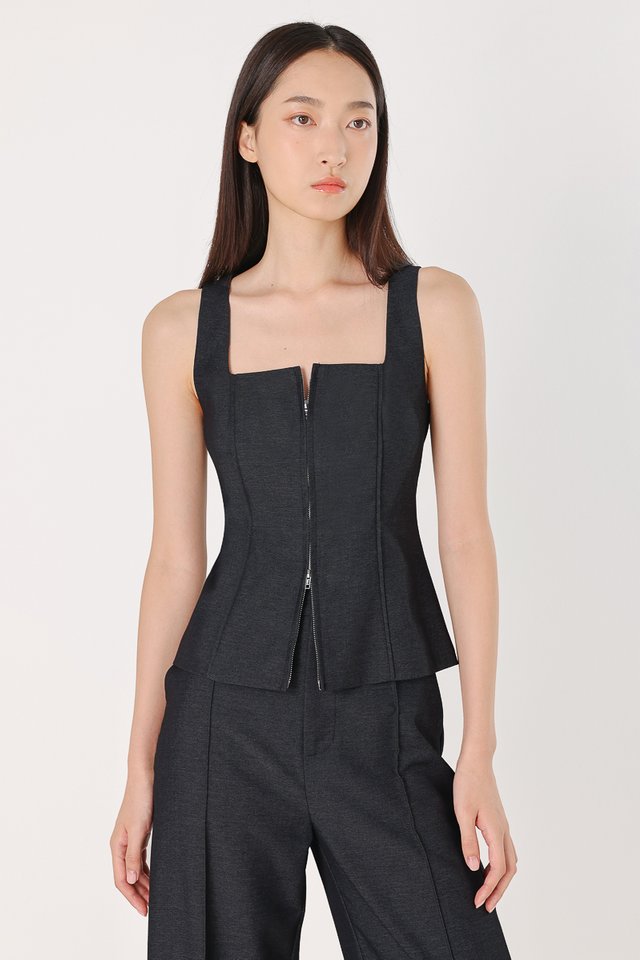 LONDYN PINTUCK PANELLED TWO-WAY ZIPPER TOP (DENIM GREY)