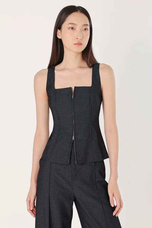 LONDYN PINTUCK PANELLED TWO-WAY ZIPPER TOP (DENIM GREY)