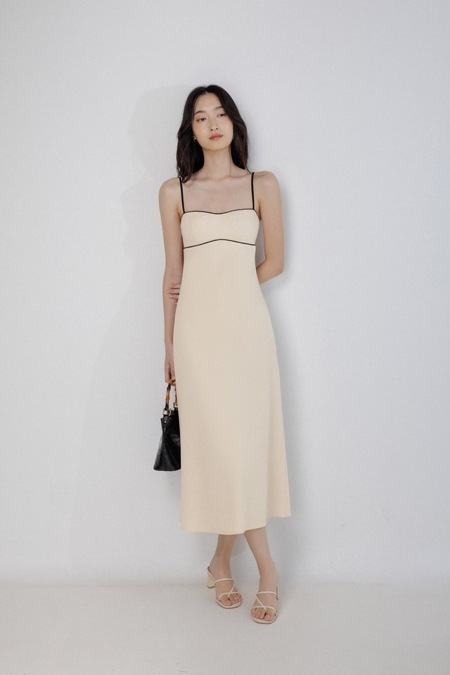 BECCA PADDED LINEN CONTRAST TRIM SWEETHEART MIDAXI DRESS (OAT)