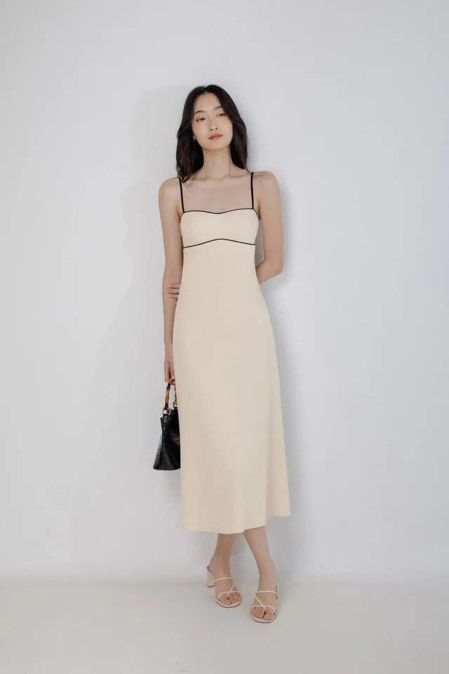 BECCA PADDED LINEN CONTRAST TRIM SWEETHEART MIDAXI DRESS (OAT)