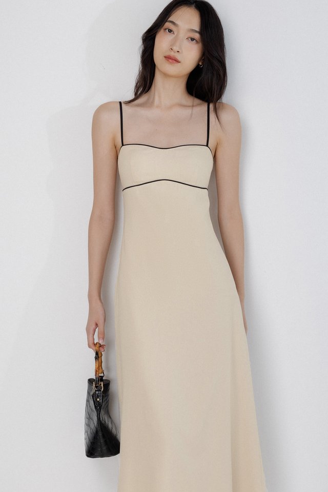 BECCA PADDED LINEN CONTRAST TRIM SWEETHEART MIDAXI DRESS (OAT)