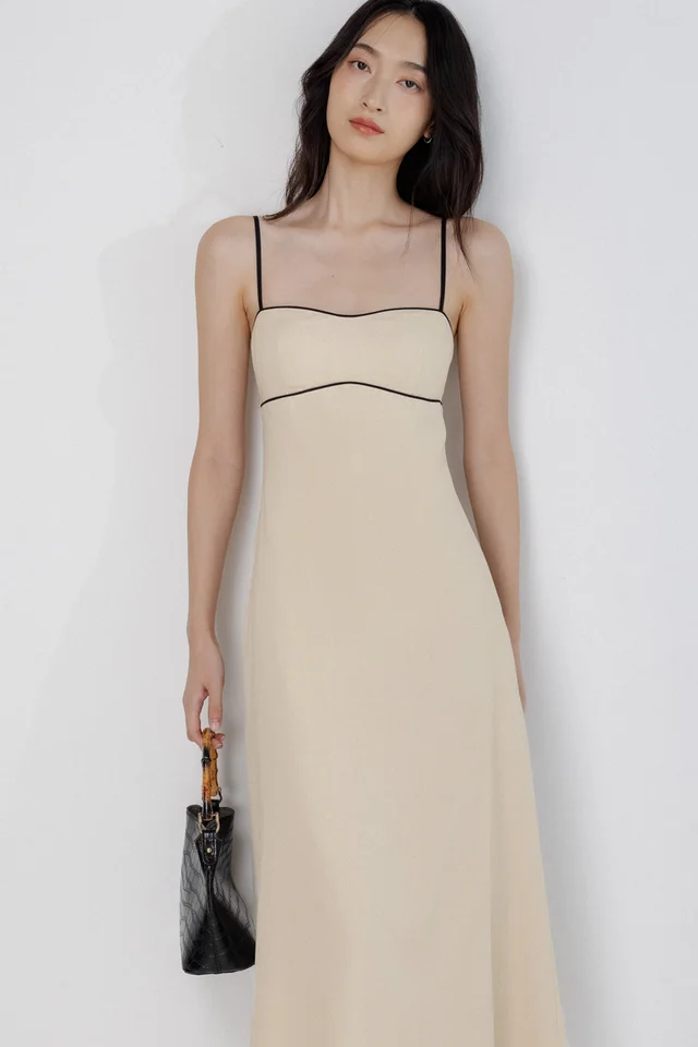 BECCA PADDED LINEN CONTRAST TRIM SWEETHEART MIDAXI DRESS (OAT)