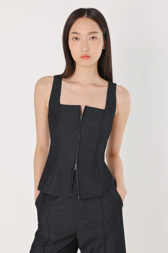LONDYN PINTUCK PANELLED TWO-WAY ZIPPER TOP (DENIM GREY)