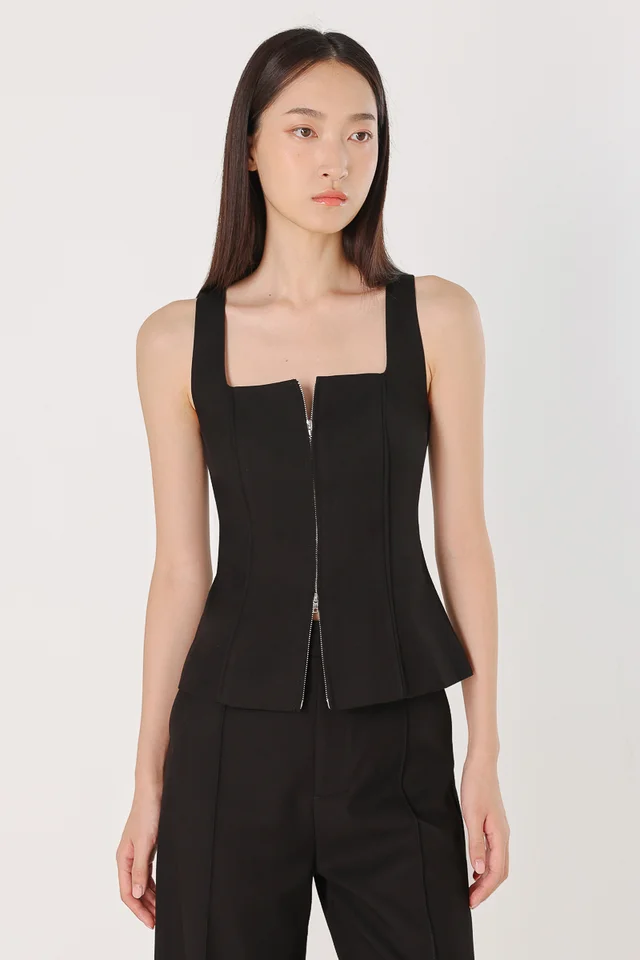 LONDYN PINTUCK PANELLED TWO-WAY ZIPPER TOP (BLACK)