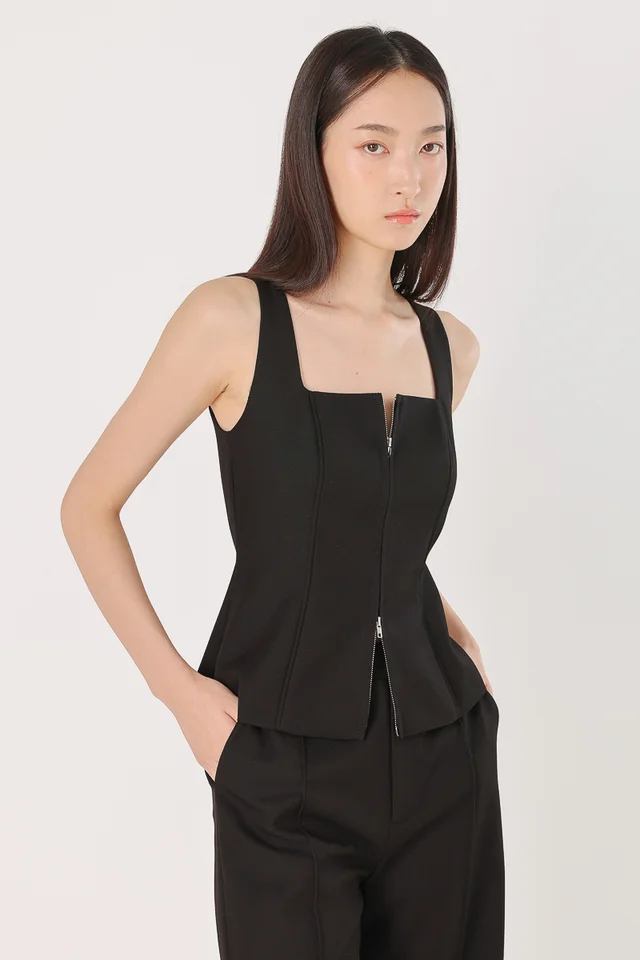 LONDYN PINTUCK PANELLED TWO-WAY ZIPPER TOP (BLACK)