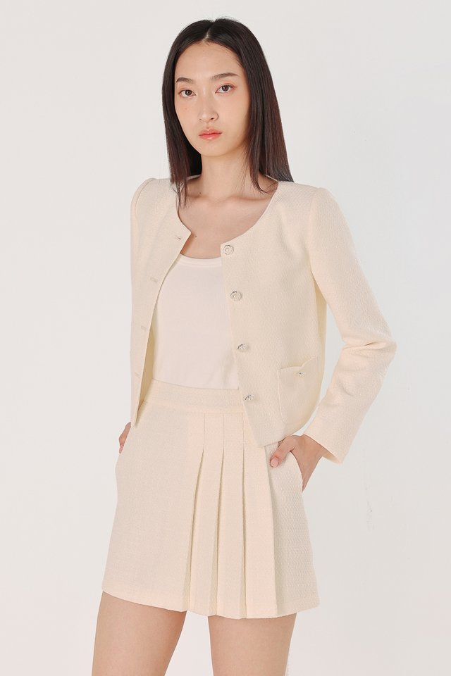 WILLA TWEED VINTAGE BUTTON PADDED SHOULDER BLAZER (CHAMPAGNE)