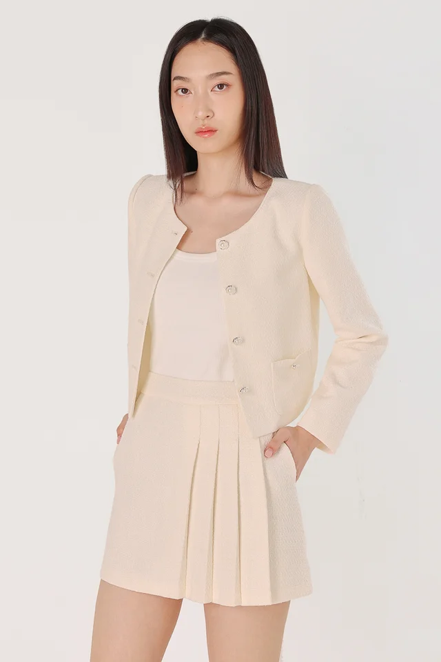 WILLA TWEED VINTAGE BUTTON PADDED SHOULDER BLAZER (CHAMPAGNE)