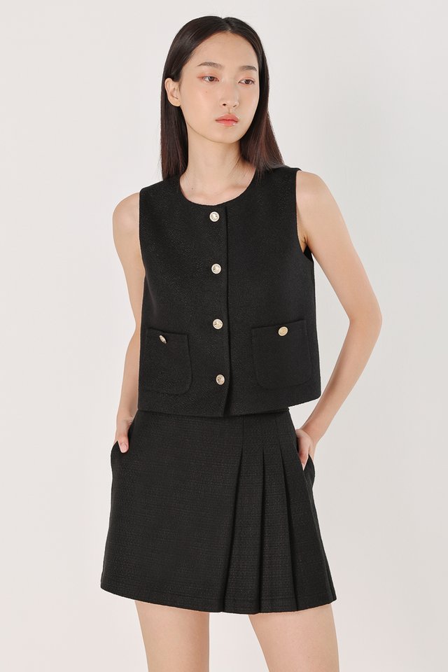 LENORA TWEED VINTAGE BUTTON POCKET VEST TOP (BLACK)