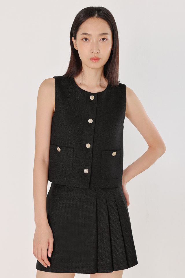 LENORA TWEED VINTAGE BUTTON POCKET VEST TOP (BLACK)