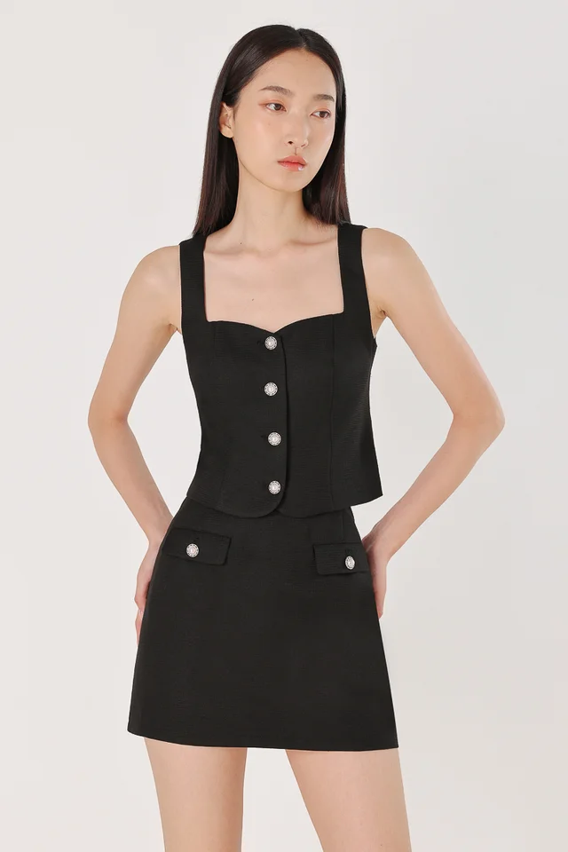 LARA TWEED VINTAGE BUTTON VEST TOP (BLACK)