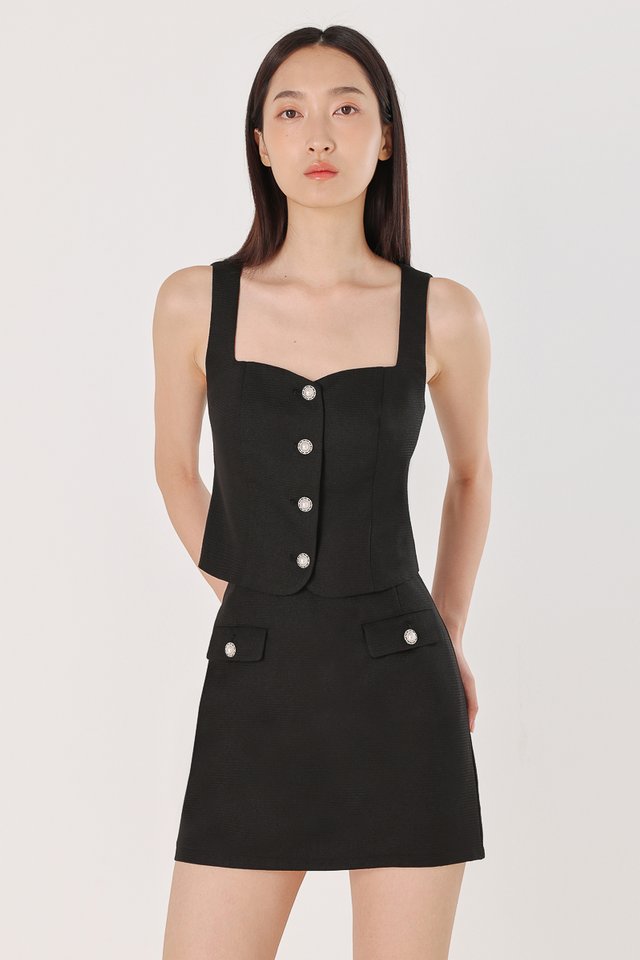 LARA TWEED VINTAGE BUTTON VEST TOP (BLACK)