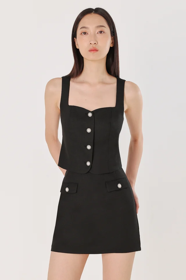 LARA TWEED VINTAGE BUTTON VEST TOP (BLACK)