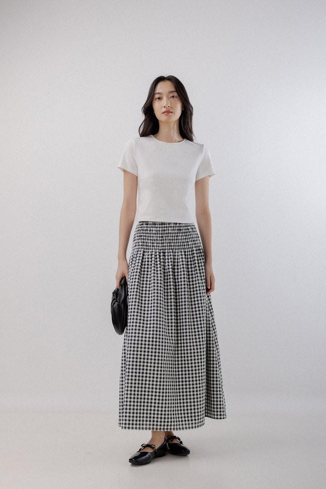 JOLYN SMOCKED WAIST FLARE MAXI SKIRT - PETITE (GINGHAM)