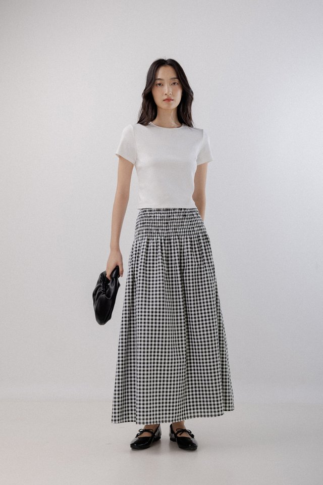 JOLYN SMOCKED WAIST FLARE MAXI SKIRT - PETITE (GINGHAM)