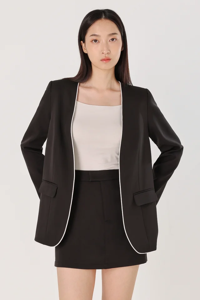 RAELYN CONTRAST PIPING PADDED SHOULDER SLIM-FIT BLAZER (BLACK)