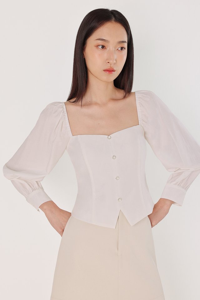 LOUELLA PADDED VINTAGE BUTTON LONG SLEEVE TOP (WHITE)