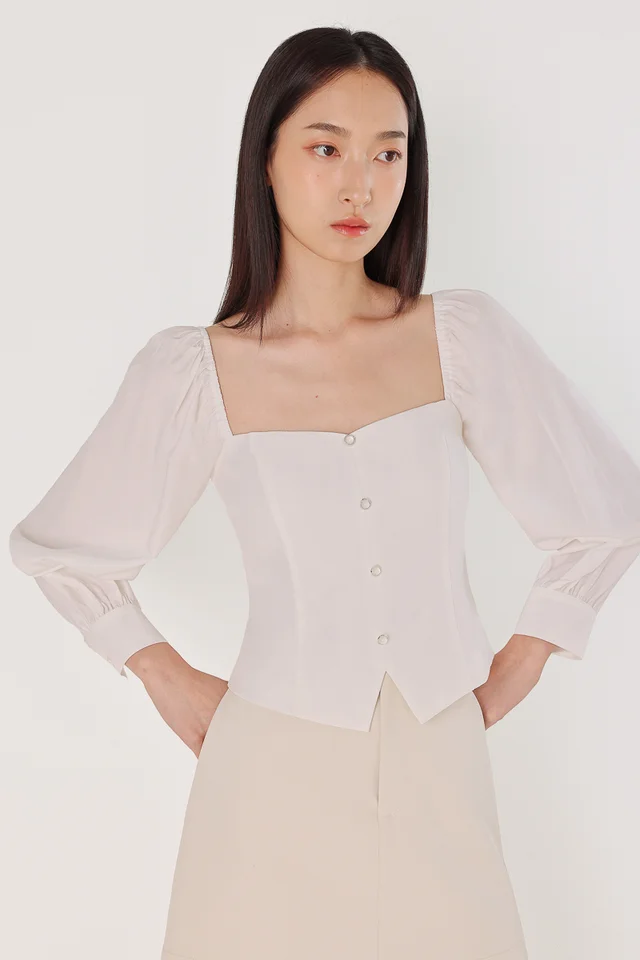 LOUELLA PADDED VINTAGE BUTTON LONG SLEEVE TOP (WHITE)