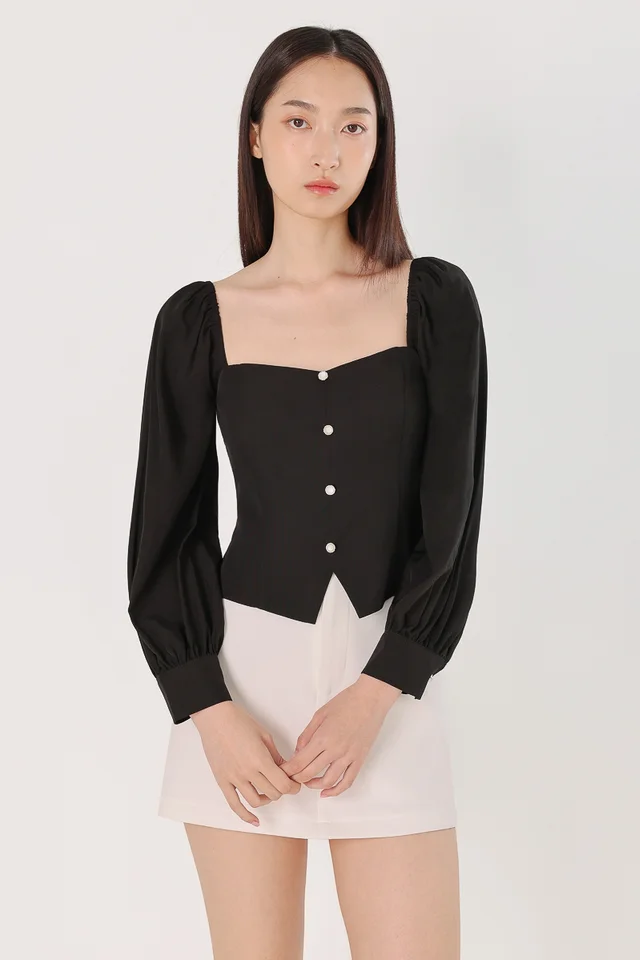 LOUELLA PADDED VINTAGE BUTTON LONG SLEEVE TOP (BLACK)