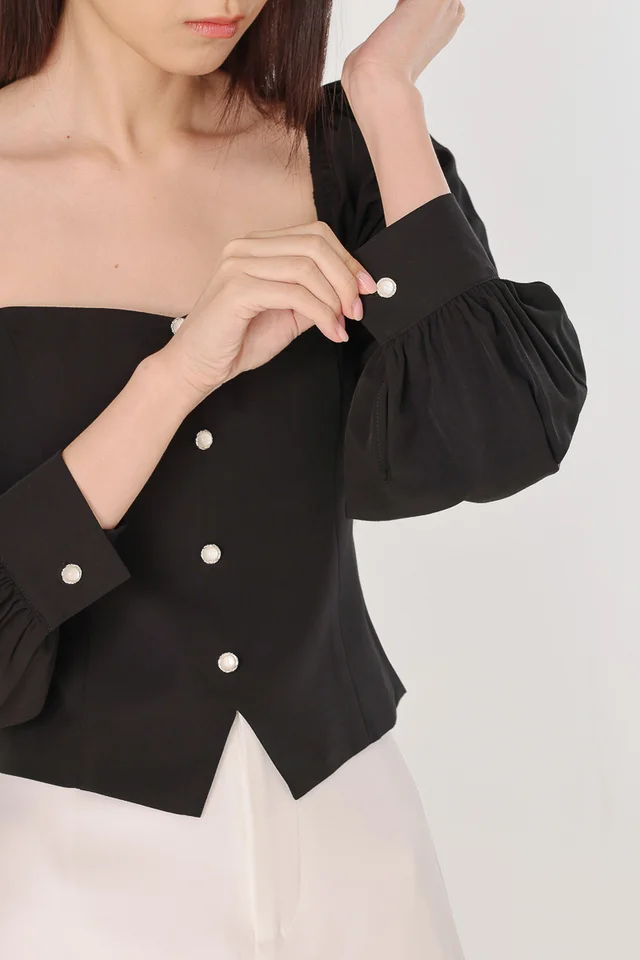 LOUELLA PADDED VINTAGE BUTTON LONG SLEEVE TOP (BLACK)