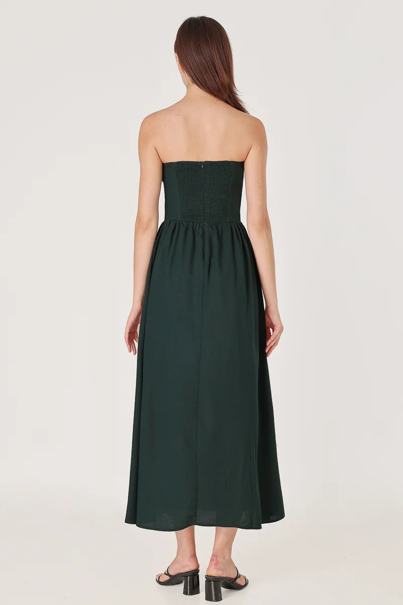 ABBILYN PADDED LINEN LOW-WAIST PINTUCK TWO-WAY MIDAXI DRESS