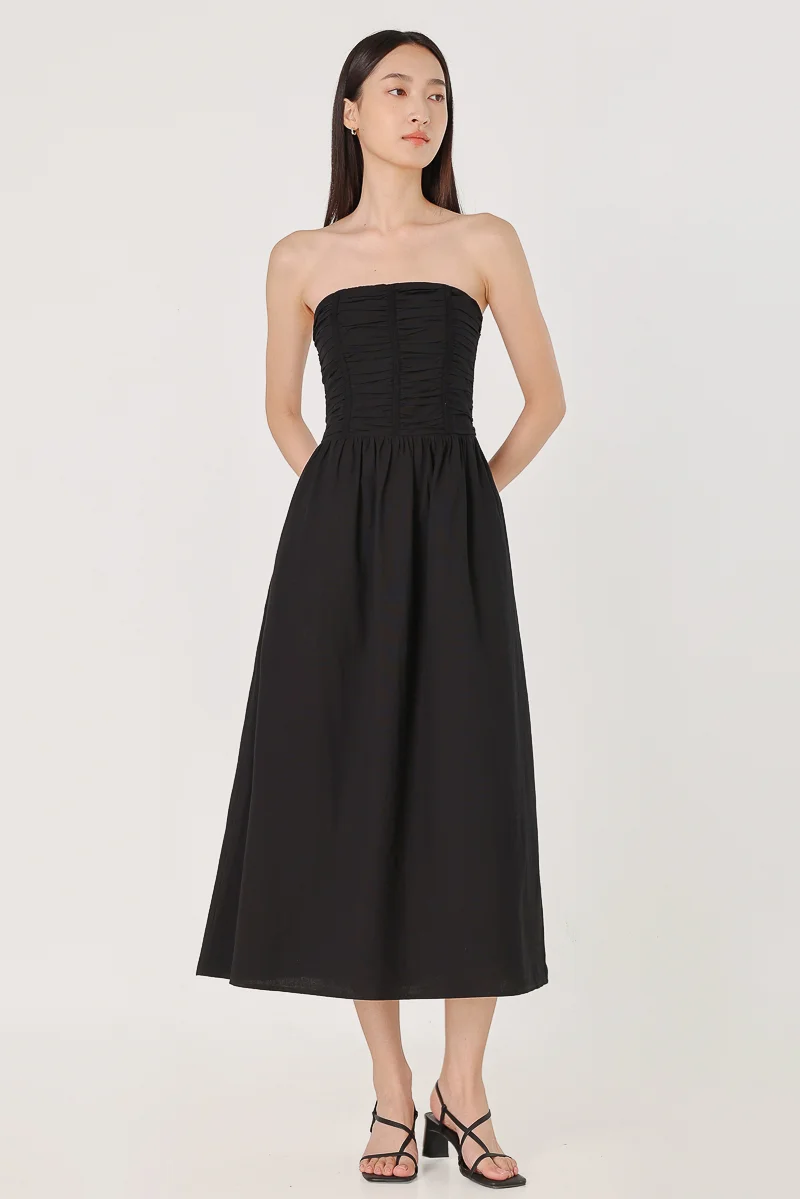 ZADIE PADDED LINEN LACE TRIM PANELLED TUBE MIDAXI DRESS (BLACK