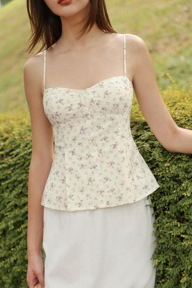VALERIA PADDED PLEATED BUTTON FLARE TOP (FLORAL)