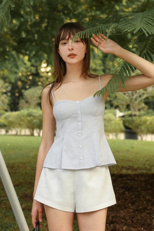 VALERIA PADDED PLEATED BUTTON FLARE TOP (BLUE STRIPED)