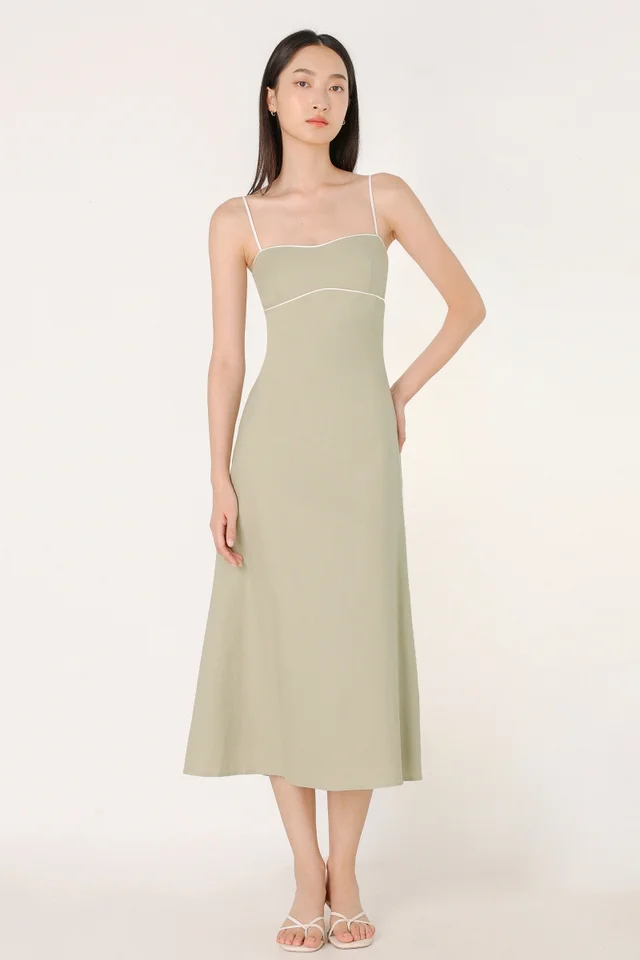 BECCA PADDED LINEN CONTRAST TRIM SWEETHEART MIDAXI DRESS (CLAY)