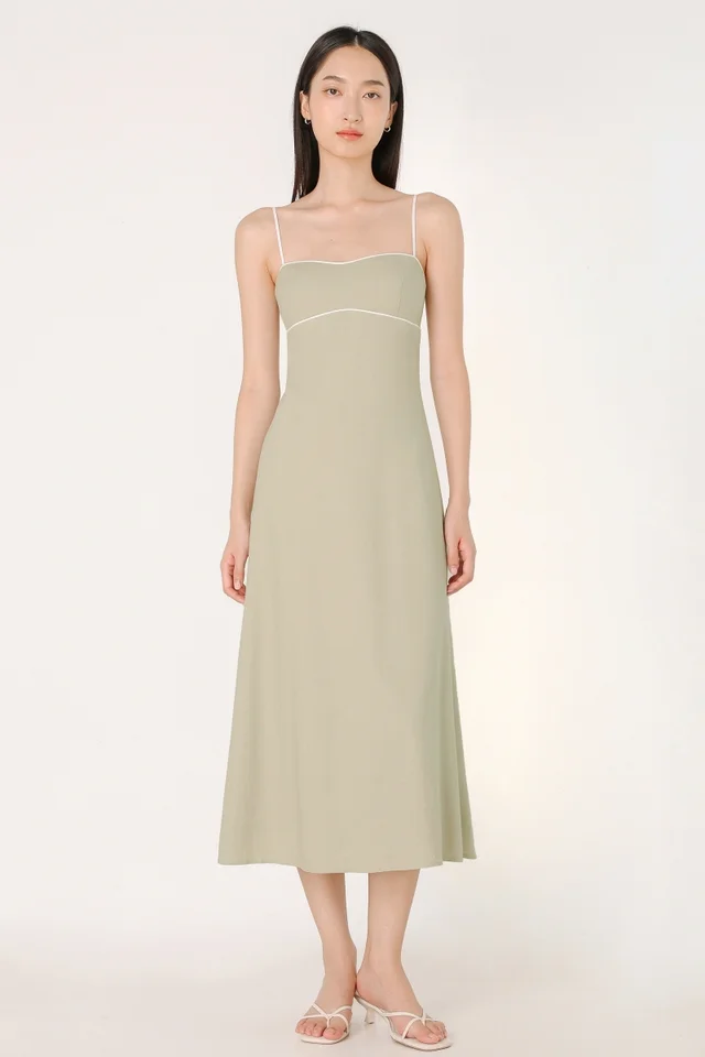 BECCA PADDED LINEN CONTRAST TRIM SWEETHEART MIDAXI DRESS (CLAY)