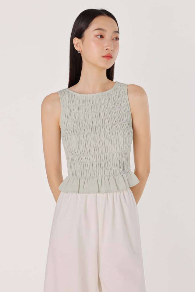 ANNABELLE LINEN BOAT NECK RUFFLE HEM SMOCKED TOP (SAGE)