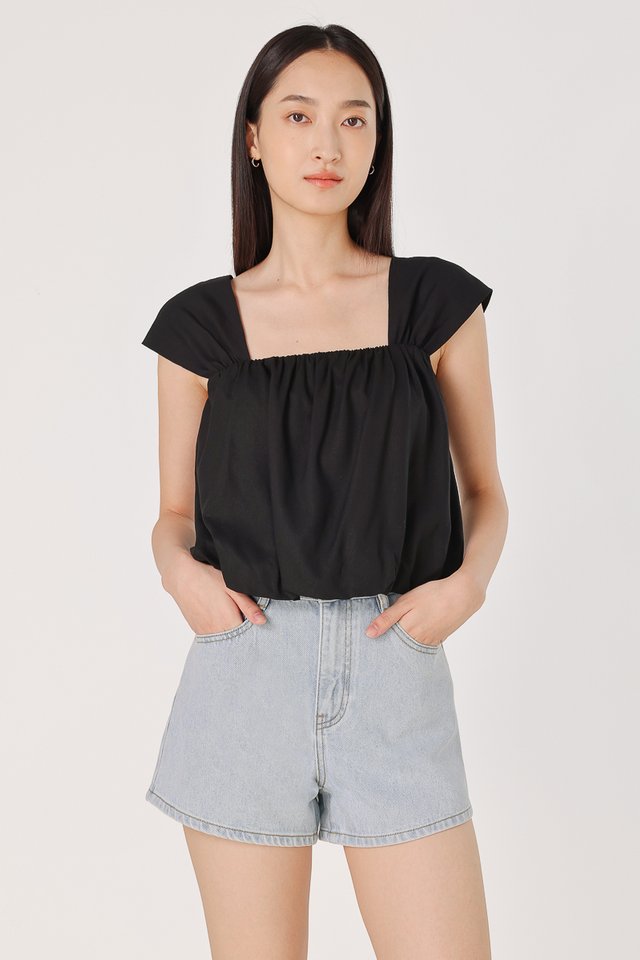ROBBIE PADDED LINEN CAP SLEEVE BUBBLE HEM TOP (BLACK)