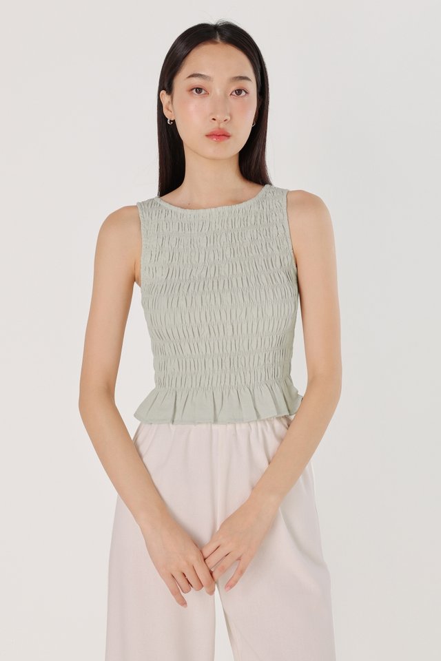 ANNABELLE LINEN BOAT NECK RUFFLE HEM SMOCKED TOP (SAGE)