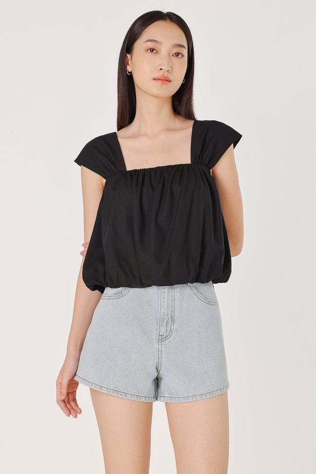 ROBBIE PADDED LINEN CAP SLEEVE BUBBLE HEM TOP (BLACK)
