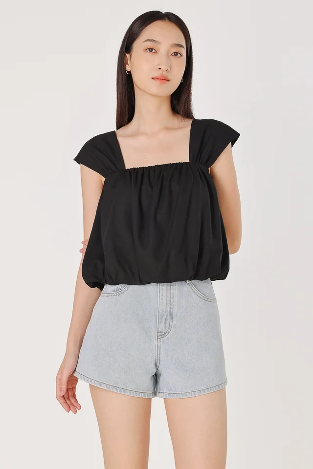 ROBBIE PADDED LINEN CAP SLEEVE BUBBLE HEM TOP (BLACK)