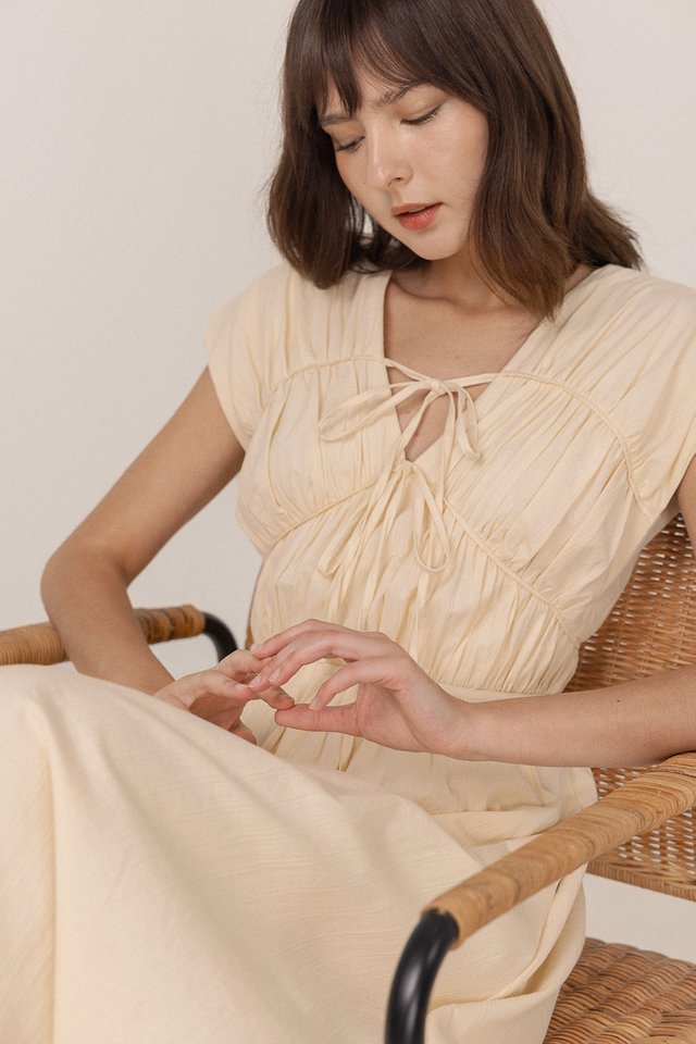 CALLA RUCHED RIBBON-TIE MAXI DRESS (YELLOW)