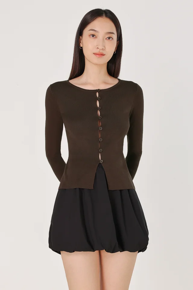VICKY PEEKABOO BUTTON LONG SLEEVE KNIT TOP (BROWN)