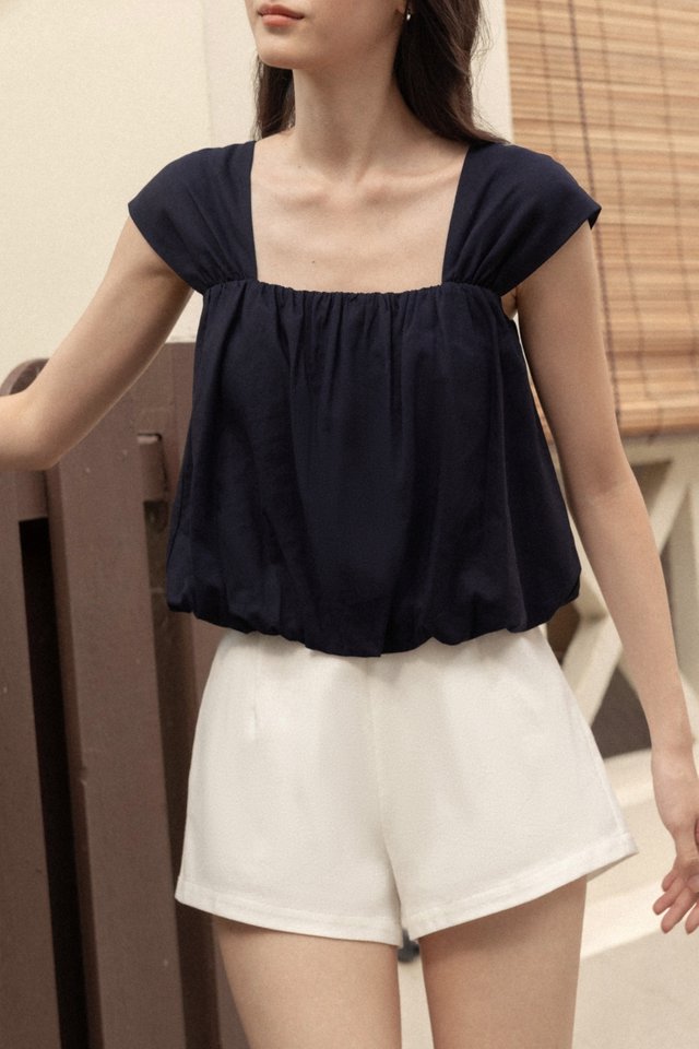 ROBBIE PADDED LINEN CAP SLEEVE BUBBLE HEM TOP (MIDNIGHT BLUE)