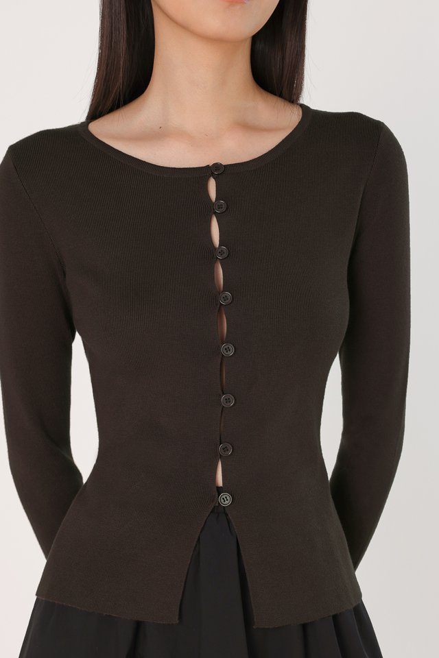 VICKY PEEKABOO BUTTON LONG SLEEVE KNIT TOP (BROWN)