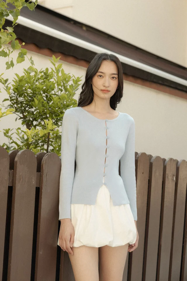 VICKY PEEKABOO BUTTON LONG SLEEVE KNIT TOP (BLUE)