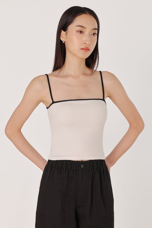 ASTRA REVERSIBLE PADDED CONTRAST TRIM RIBBED CAMI TOP (WHITE WITH BLACK TRIM)