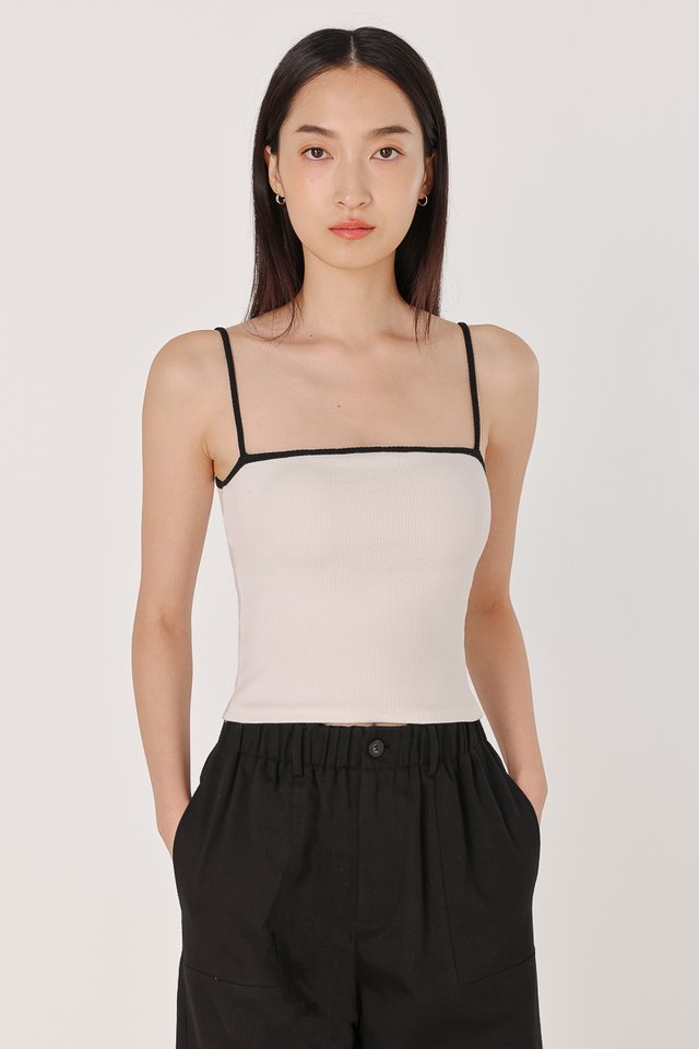 ASTRA REVERSIBLE PADDED CONTRAST TRIM RIBBED CAMI TOP (WHITE WITH BLACK TRIM)
