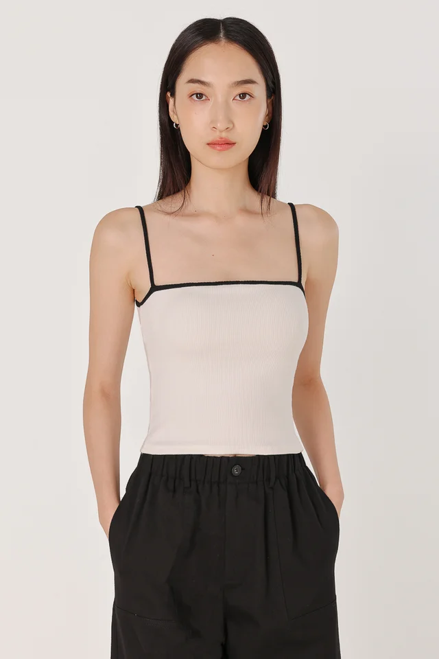 ASTRA REVERSIBLE PADDED CONTRAST TRIM RIBBED CAMI TOP (WHITE WITH BLACK TRIM)